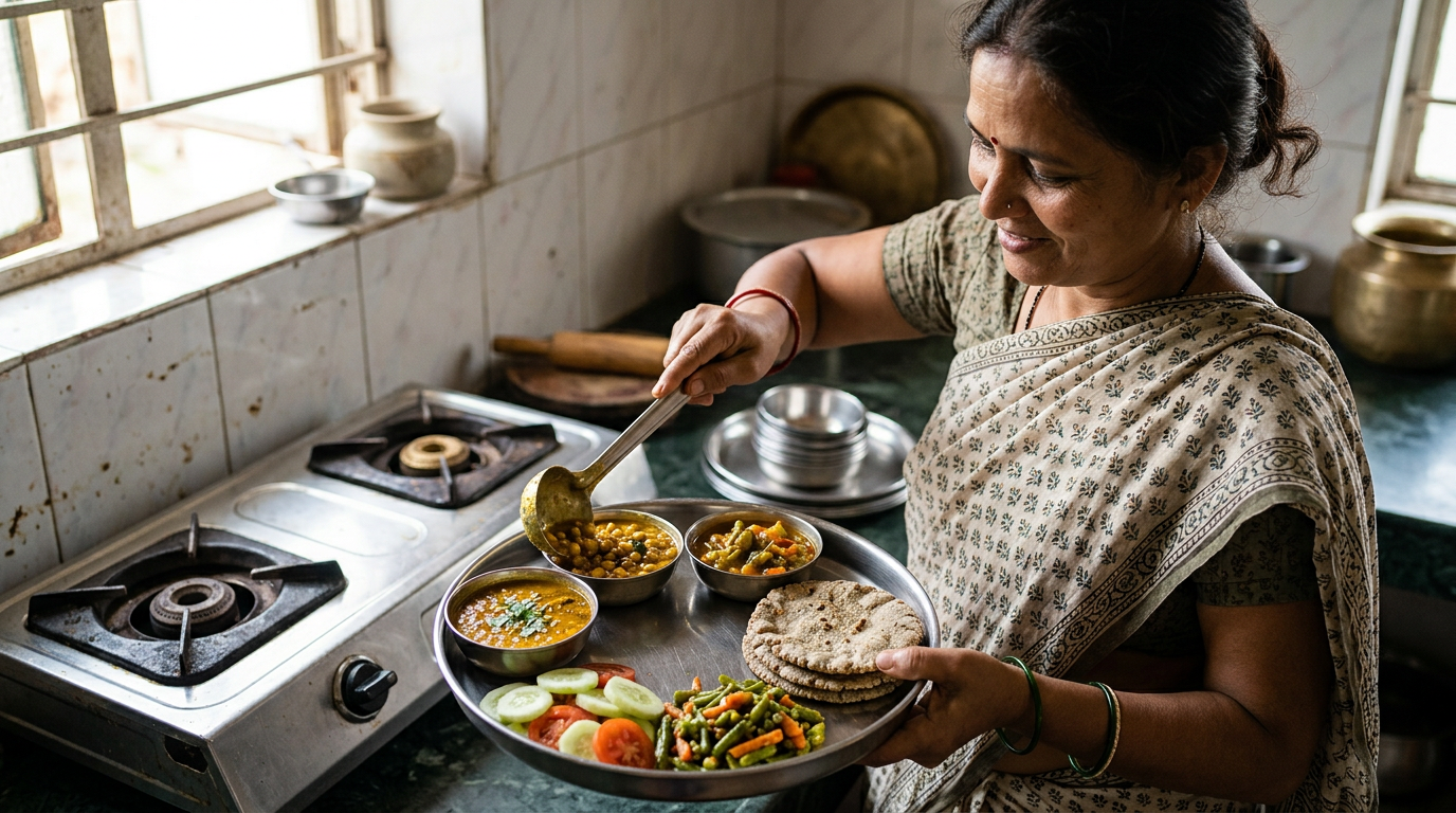वजन घटाने के लिए पौष्टिक भारतीय वीगन थाली जिसमें दाल, बाजरा रोटी और हरी सब्जियां शामिल हैं