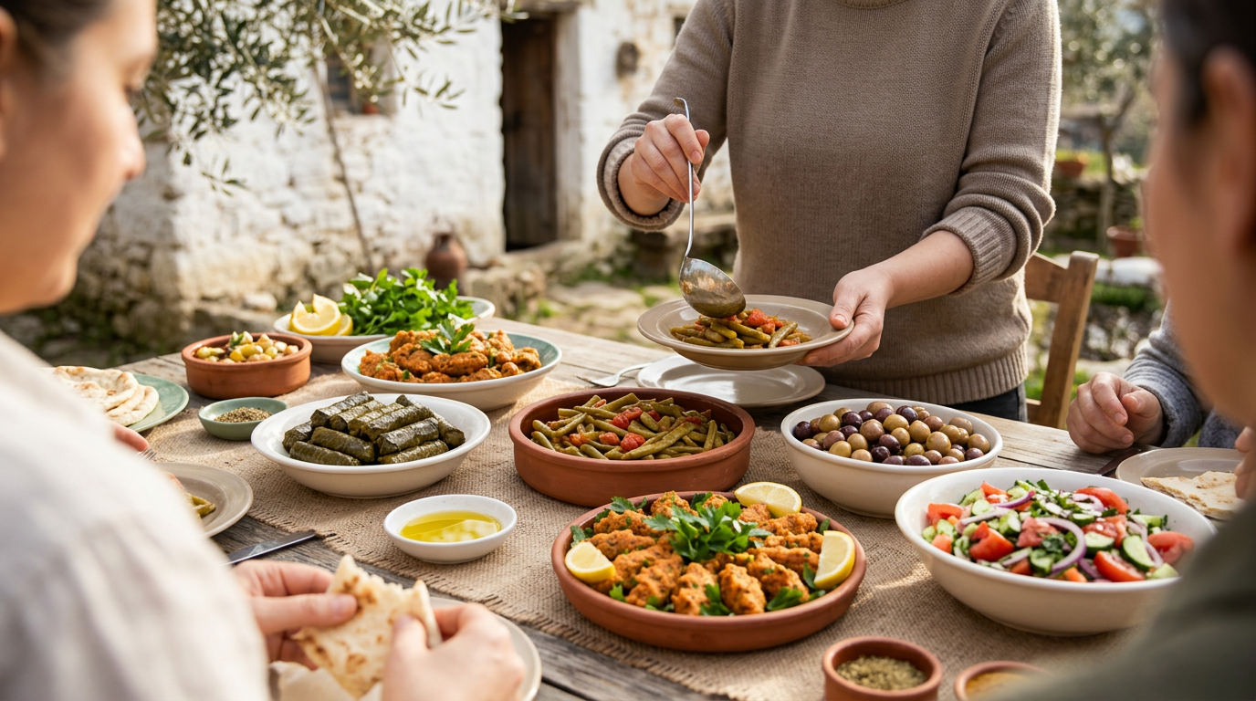 Geleneksel Türk meze ve zeytinyağlı yemeklerle donatılmış sofra