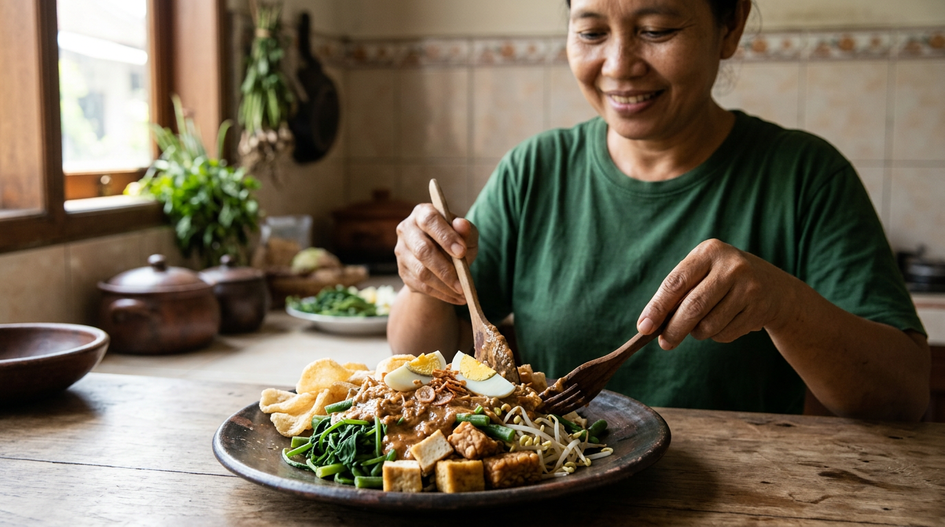 Sepiring gado-gado tradisional Indonesia lengkap dengan tahu, tempe, sayuran kukus, dan saus kacang gurih