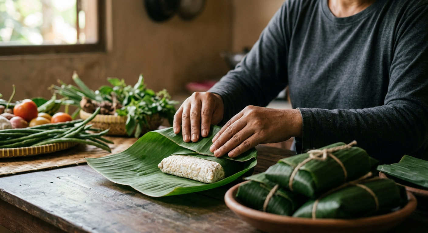 Tempe segar yang dibungkus daun pisang tradisional kaya akan probiotik alami dan protein utuh berkualitas tinggi.