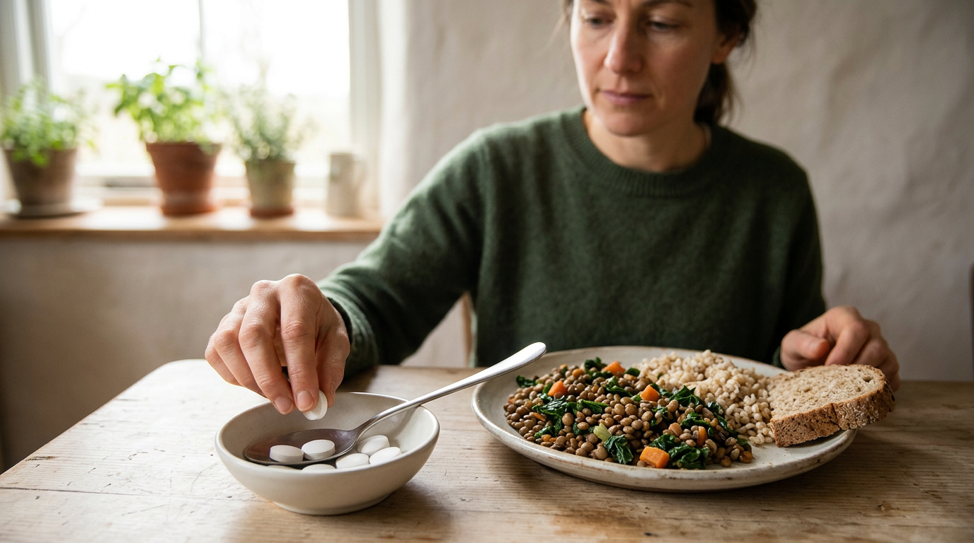 Suplemento de vitamina B12 junto a un plato de legumbres y cereales integrales