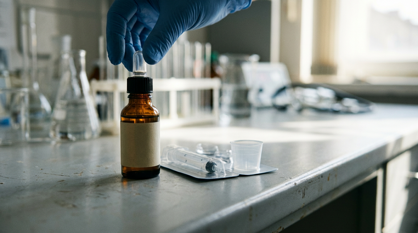 Frasco de suplemento de vitamina B12 em gotas ao lado de seringa dosadora em mesa de laboratório
