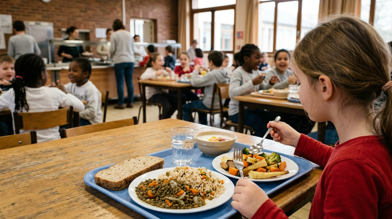 Plateau-repas scolaire équilibré composé de lentilles vertes, légumes rôtis et céréales complètes dans une cantine en France