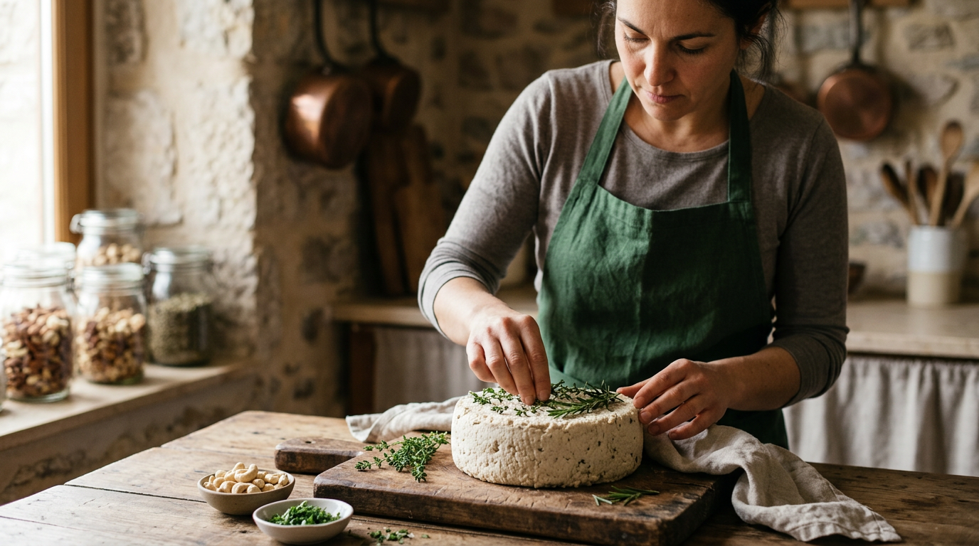 Forma di formaggio vegetale artigianale stagionato con erbe aromatiche e noci