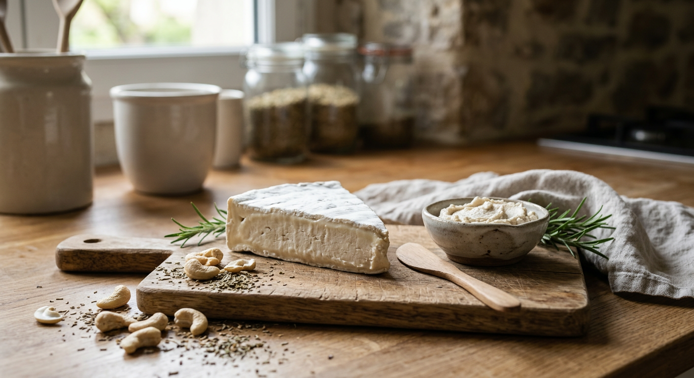 Formaggio vegetale stagionato a base di anacardi fermentati con muffe nobili Penicillium camemberti.