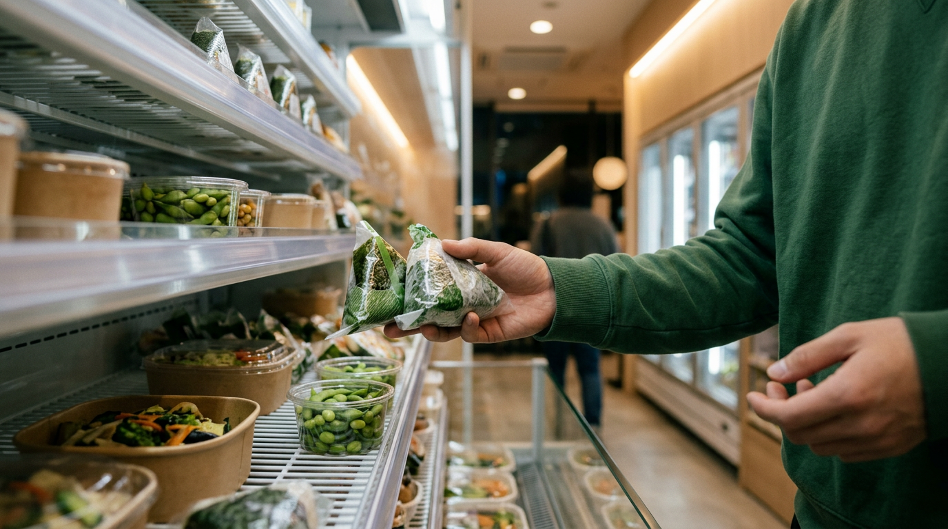 日本のコンビニに並ぶおにぎりや枝豆などの植物性食品
