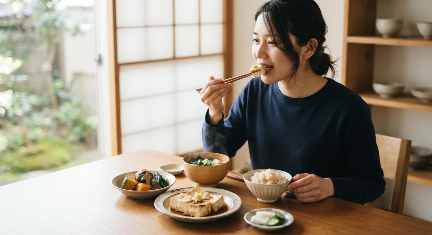 豆腐、味噌汁、季節の野菜が並ぶ健康的な日本の精進料理風の食卓