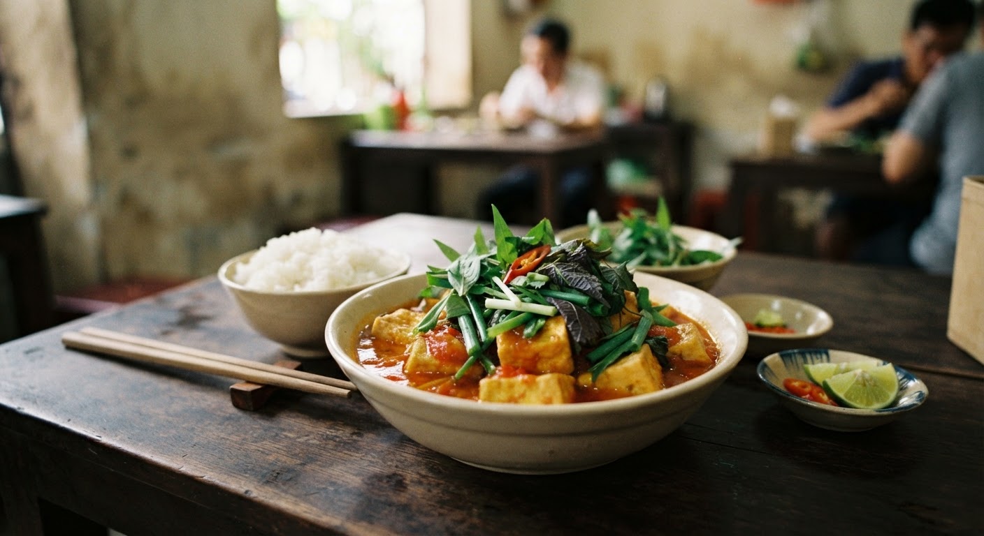 Một đĩa đậu phụ sốt cà chua và rau thơm tươi ngon, đại diện cho bữa ăn chay lành mạnh tại Việt Nam.