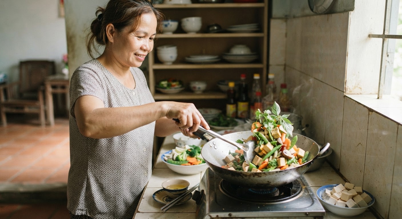 Món đậu phụ xào rau củ tươi là lựa chọn lý tưởng cho bữa ăn chay giảm cân giàu dinh dưỡng.