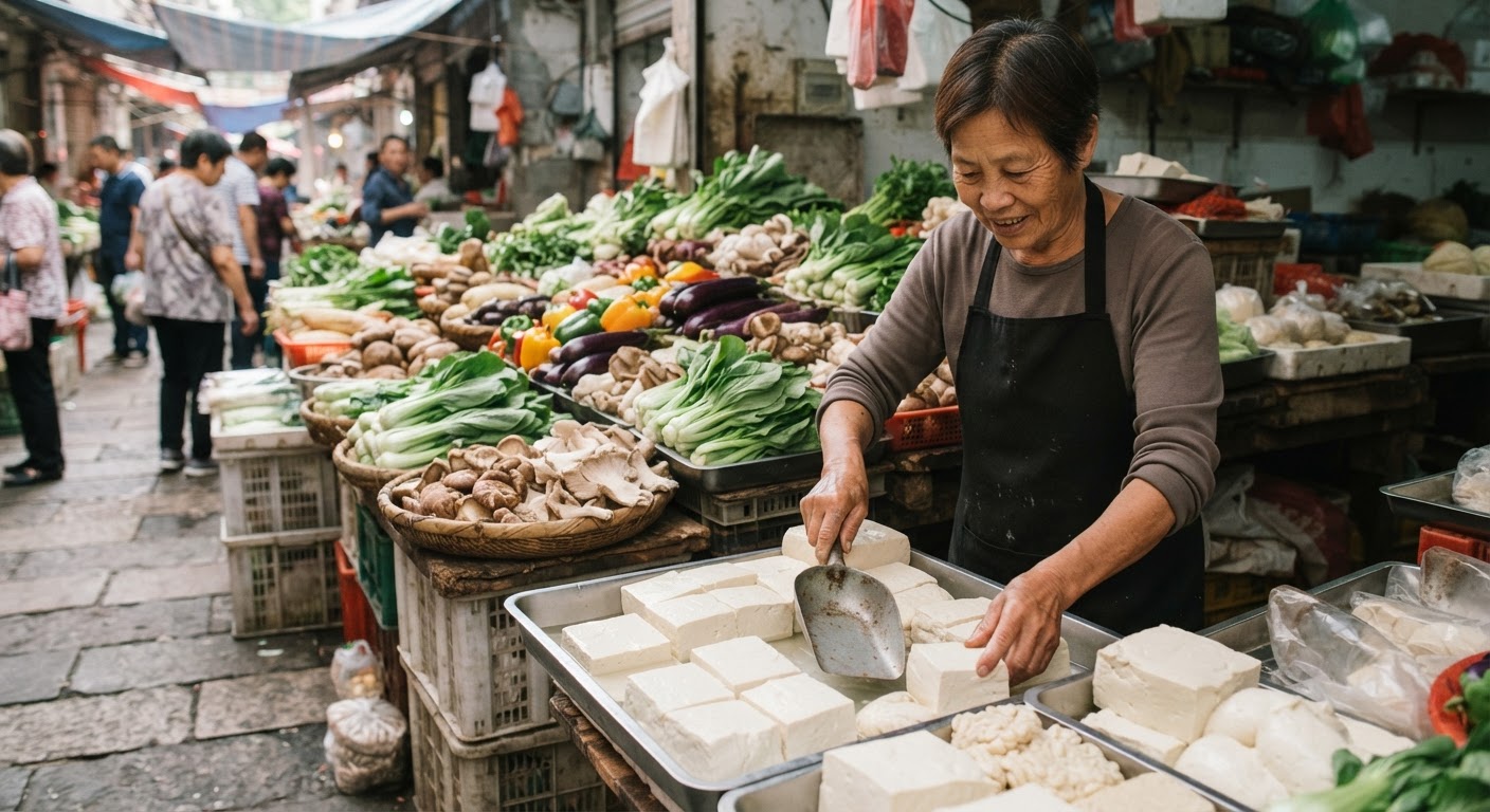 新鲜豆腐与蔬菜在传统市场中摆放