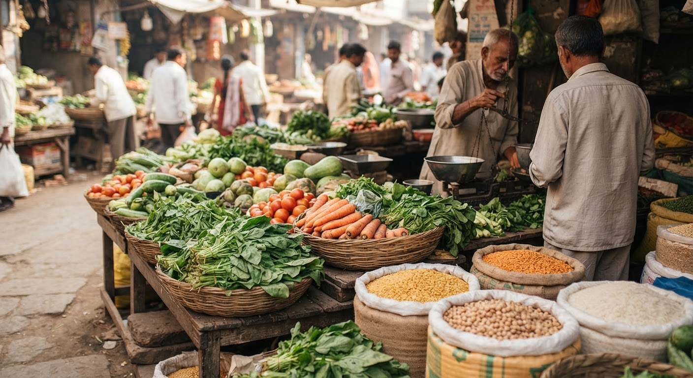 भारतीय बाज़ार में ताज़ी सब्जियाँ और दालें