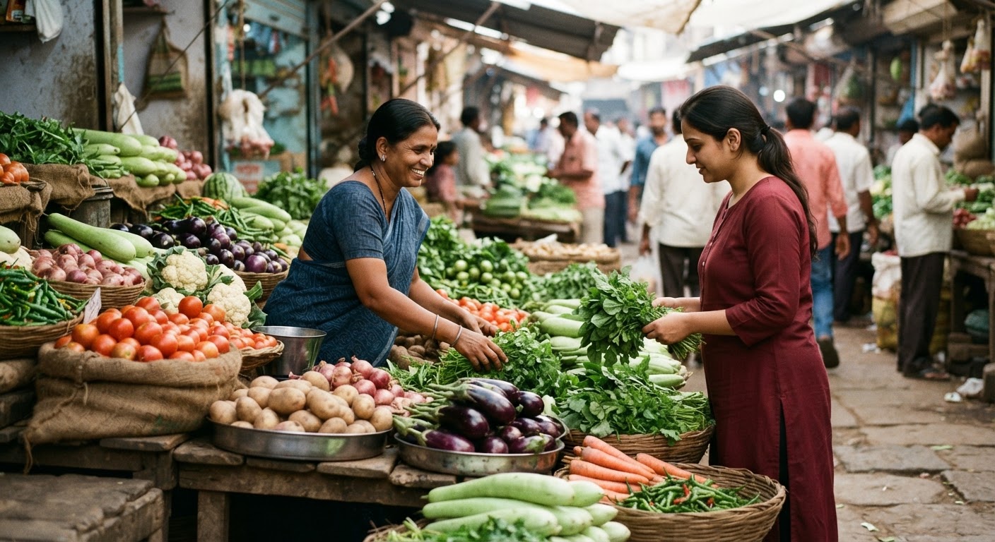 स्थानीय बाज़ार में उपलब्ध ताज़ी और सस्ती सब्जियाँ वीगन जीवनशैली का आधार हैं।