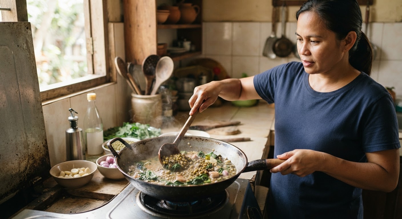 Ang paggisa ng bawang at sibuyas ay nagbibigay ng base flavor para sa adobong munggo.