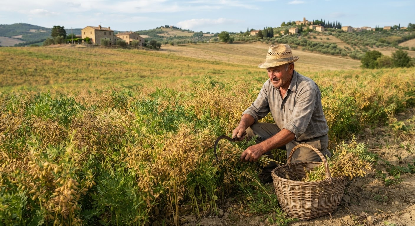 Campo di lenticchie mature in Italia, con piante verdi e baccelli dorati sotto il sole.