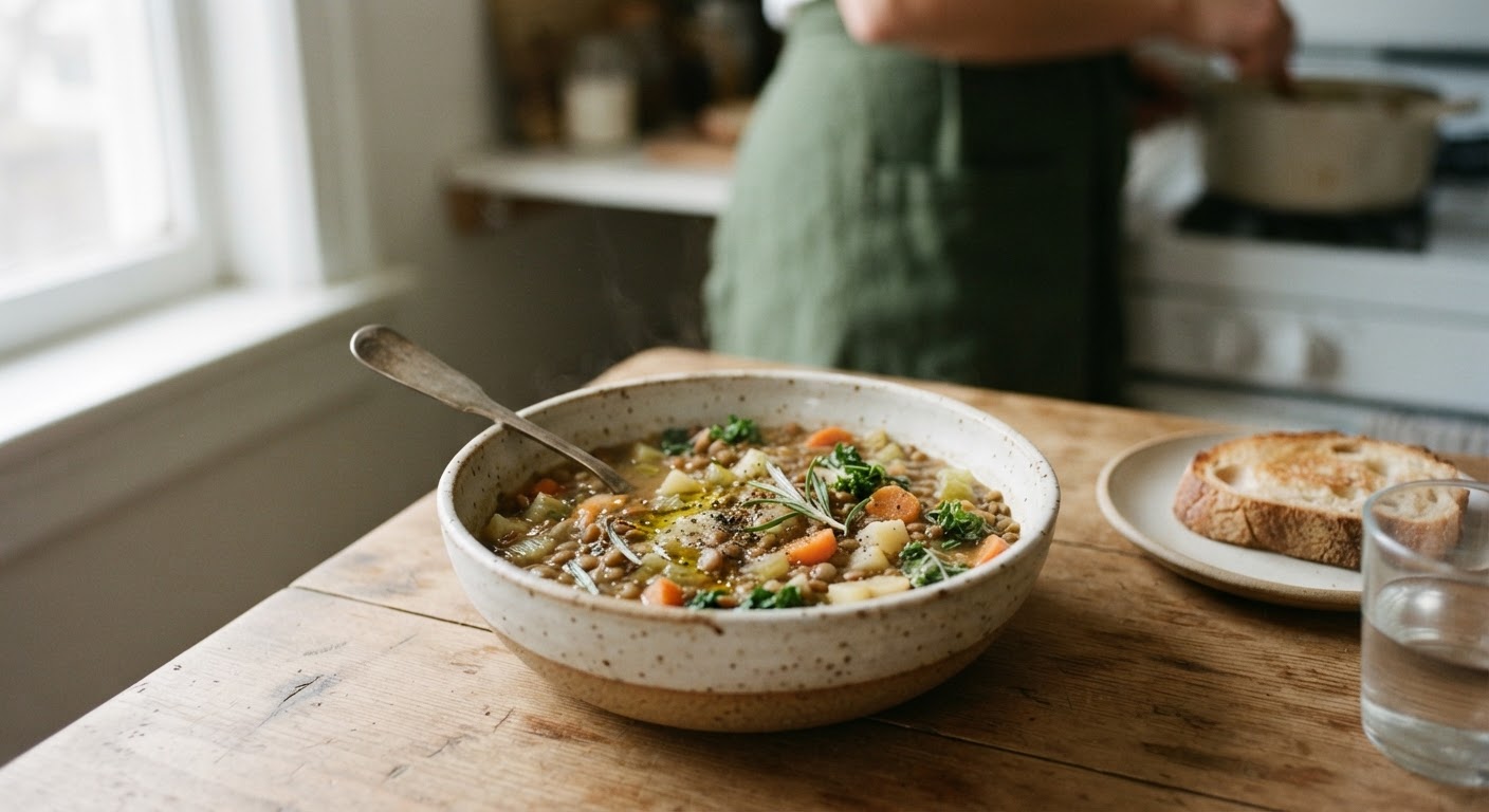 Zuppa di lenticchie con verdure e olio d'oliva, tipica della tradizione culinaria italiana.