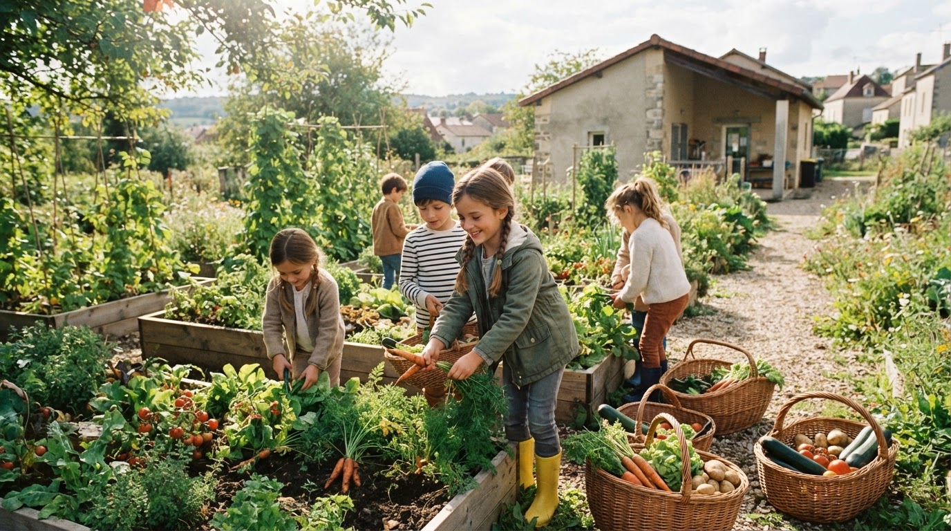 Écoliers français dans un jardin potager municipal, cueillant des légumes pour leur cantine