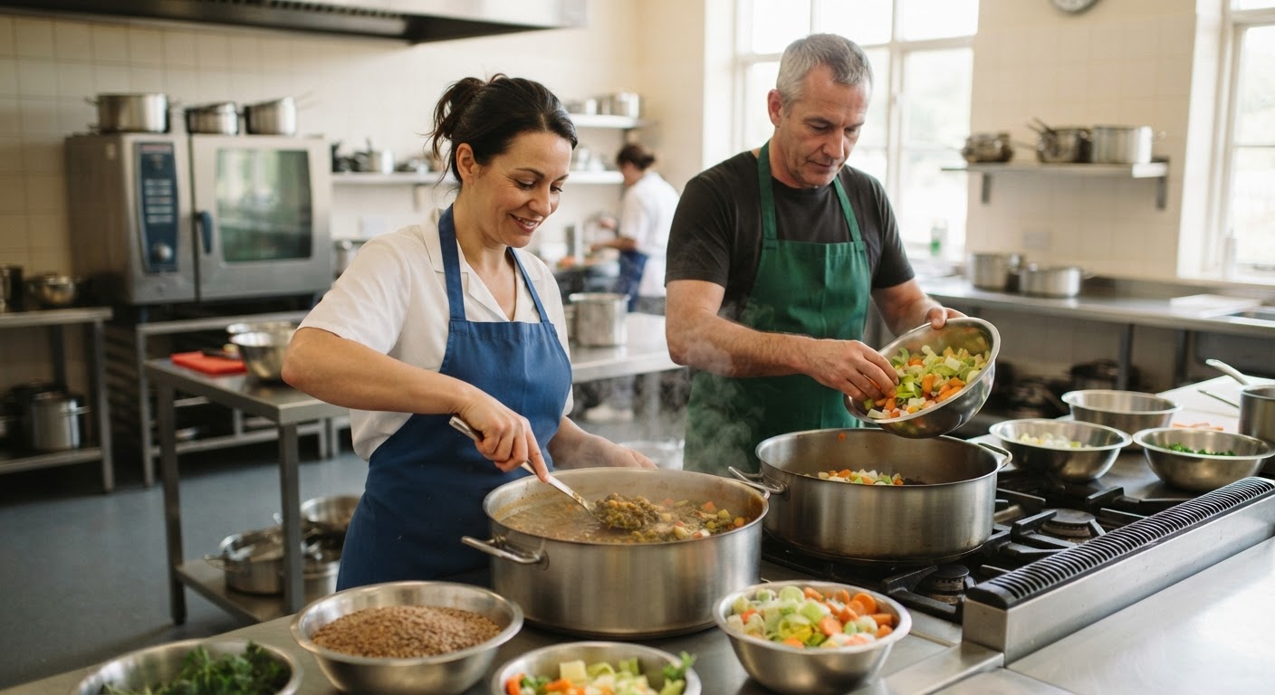 Cuisiniers d’une cantine scolaire préparant un plat de lentilles et légumes de saison, Mouans-Sartoux.
