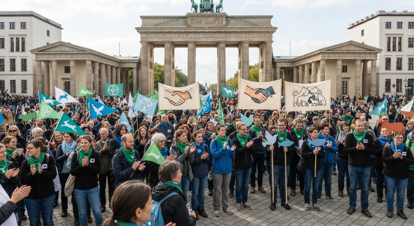 Menschenmenge mit Schildern für Tierrechte vor dem Brandenburger Tor in Berlin