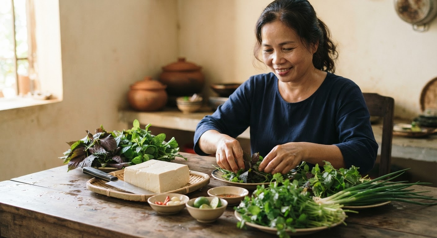 Đậu phụ và các loại rau thơm tươi ngon trên bàn gỗ