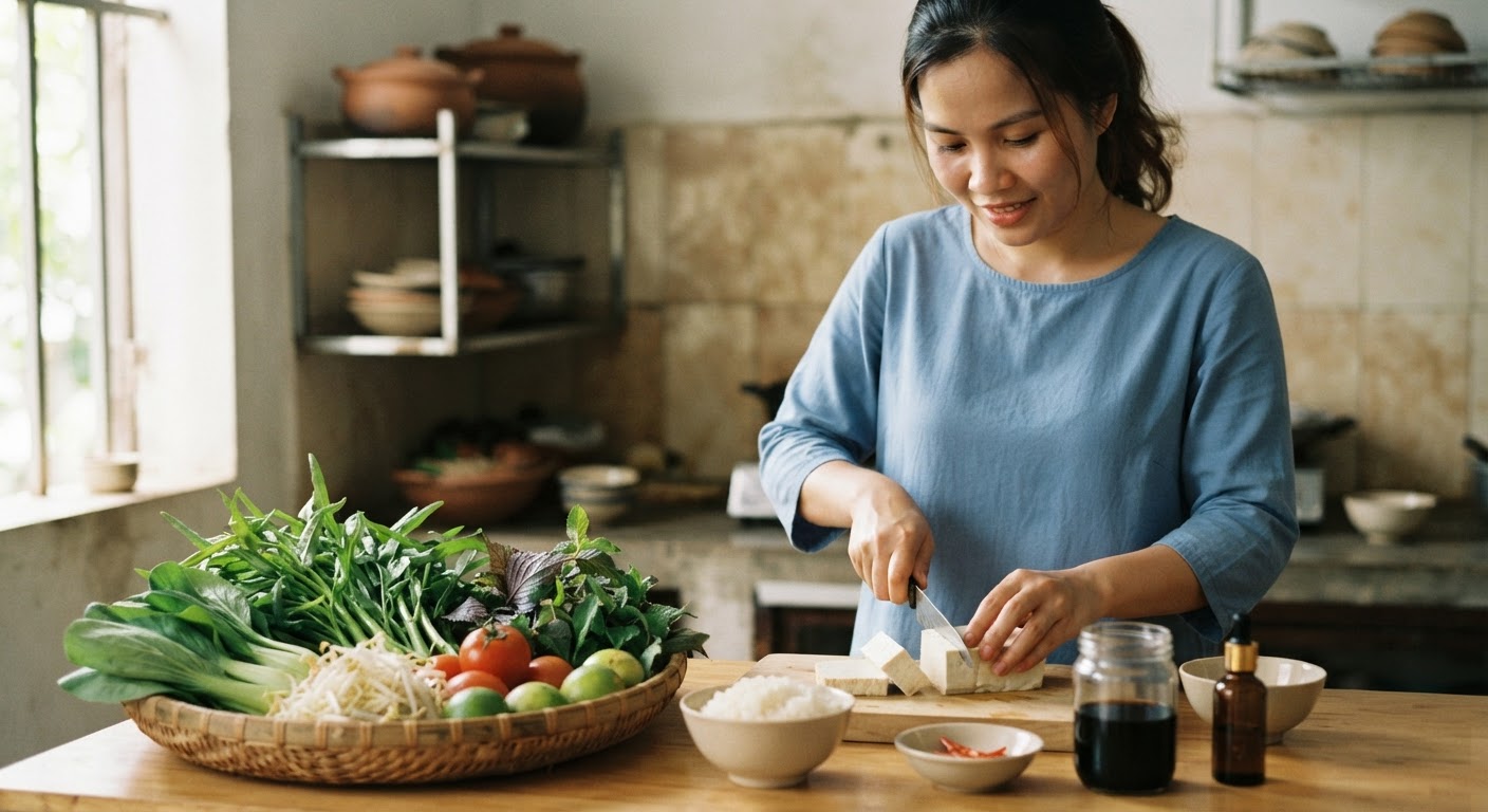 Đậu phụ và rau xanh là nền tảng của bữa ăn chay truyền thống Việt Nam, nhưng cần kết hợp bổ sung B12.
