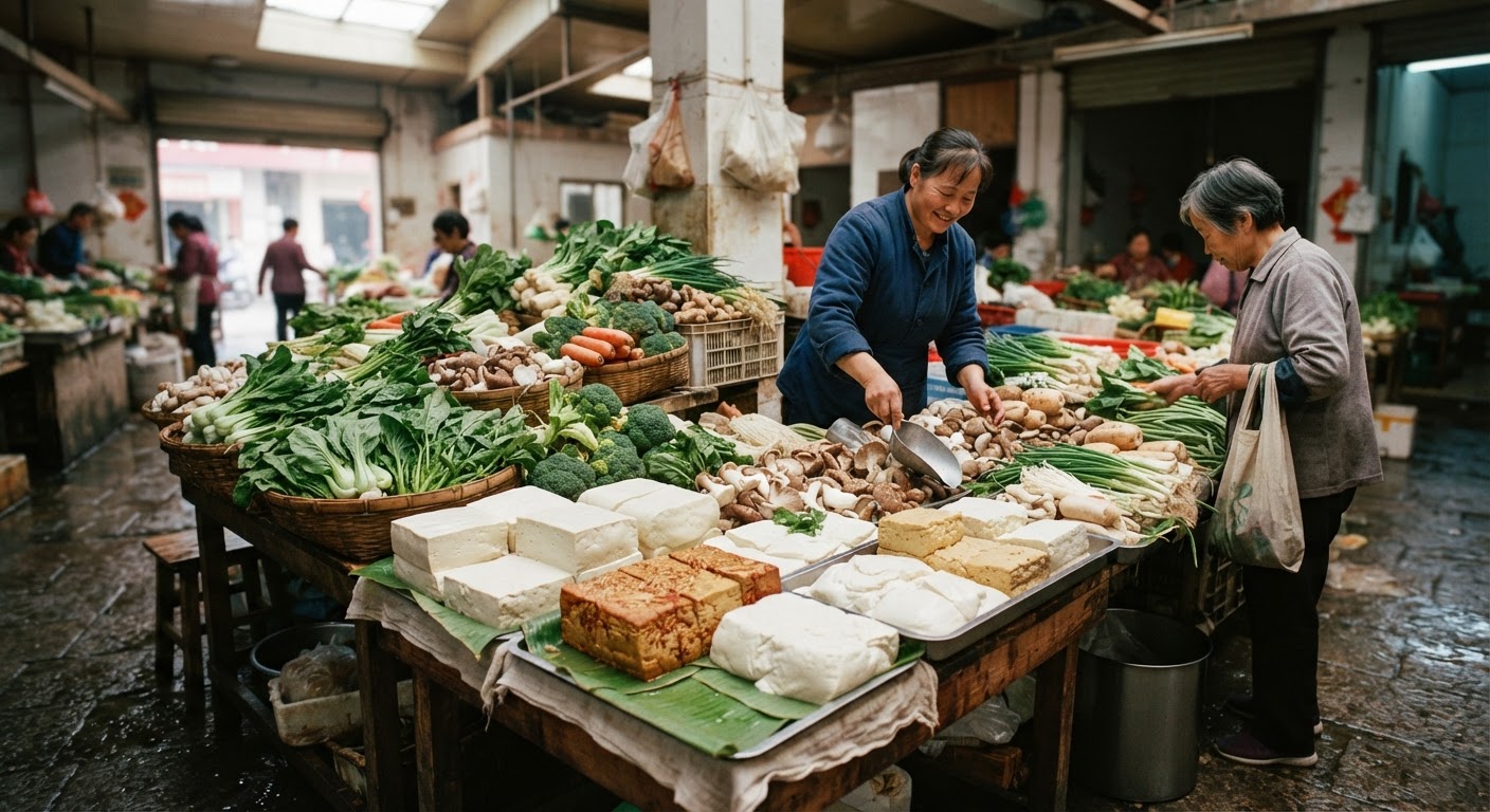 传统市场中新鲜的豆腐、蔬菜和菌菇,展示植物性饮食的丰富多样性。