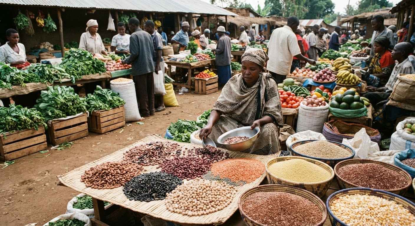Soko la vyakula vya asili barani Afrika likiwa na maharagwe, nafaka, na mboga za kijani.