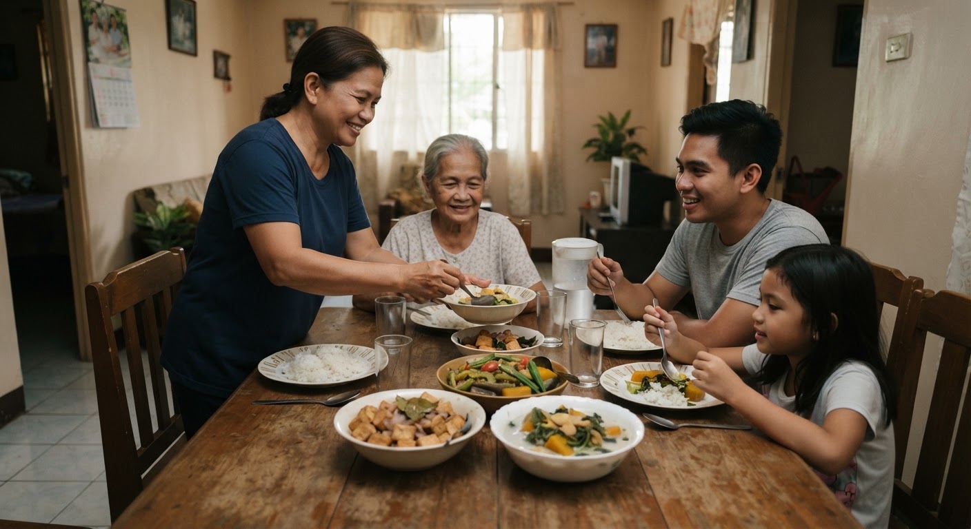 Isang pamilyang Pilipino na kumakain ng adobong tokwa at pinakbet sa hapag-kainan na gawa sa kahoy