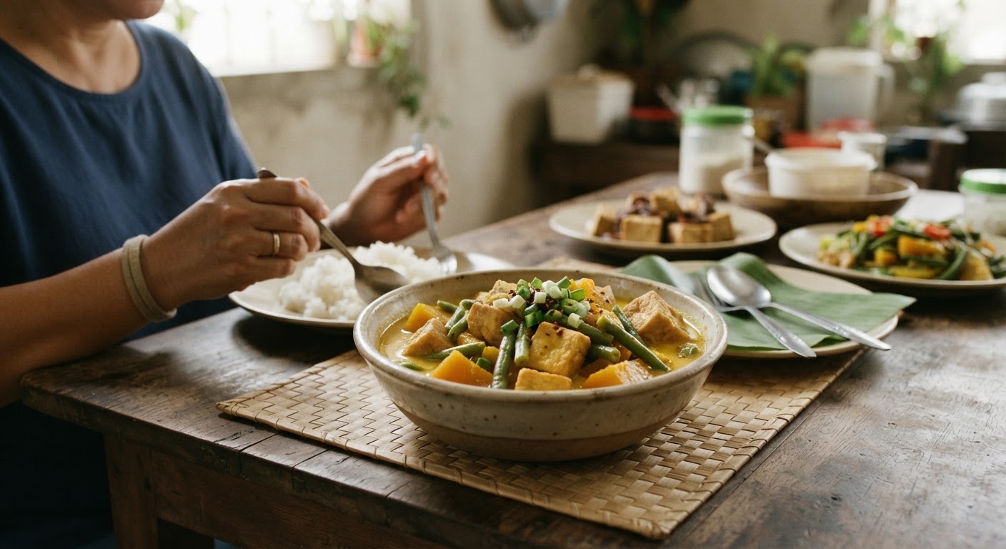 Isang mangkok ng ginataang gulay na may kalabasa at sitaw, handa nang ihain kasama ng kanin.