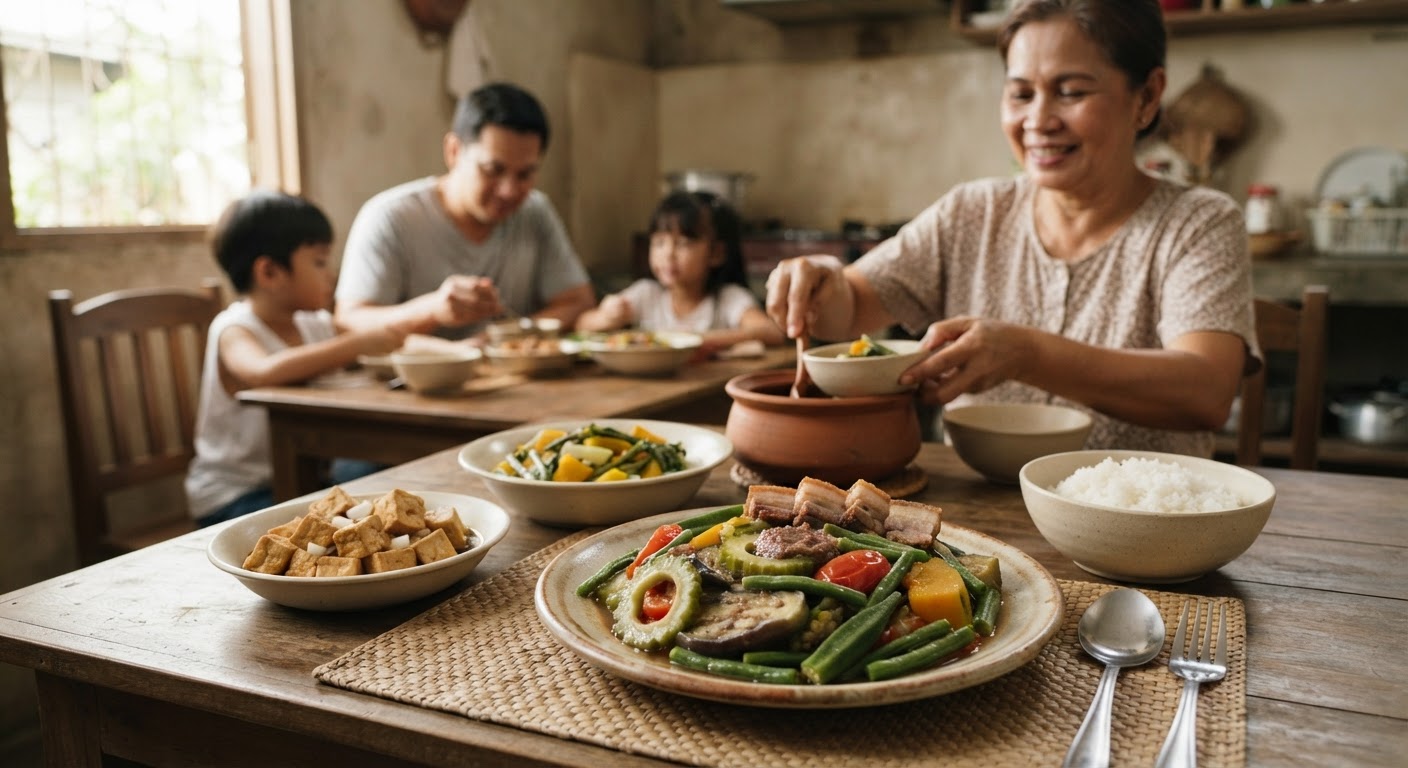 Isang plato ng pinakbet na may ampalaya, talong, at okra, isang klasikong vegan ulam mula sa Ilocos.
