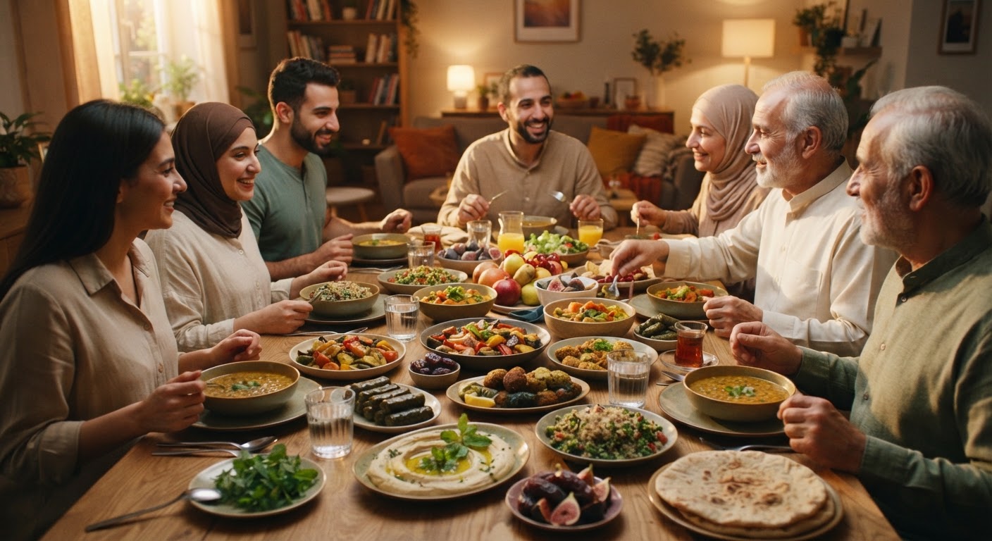 رمضان کے افطار کی میز پر سبزی پکوانوں کا منظر