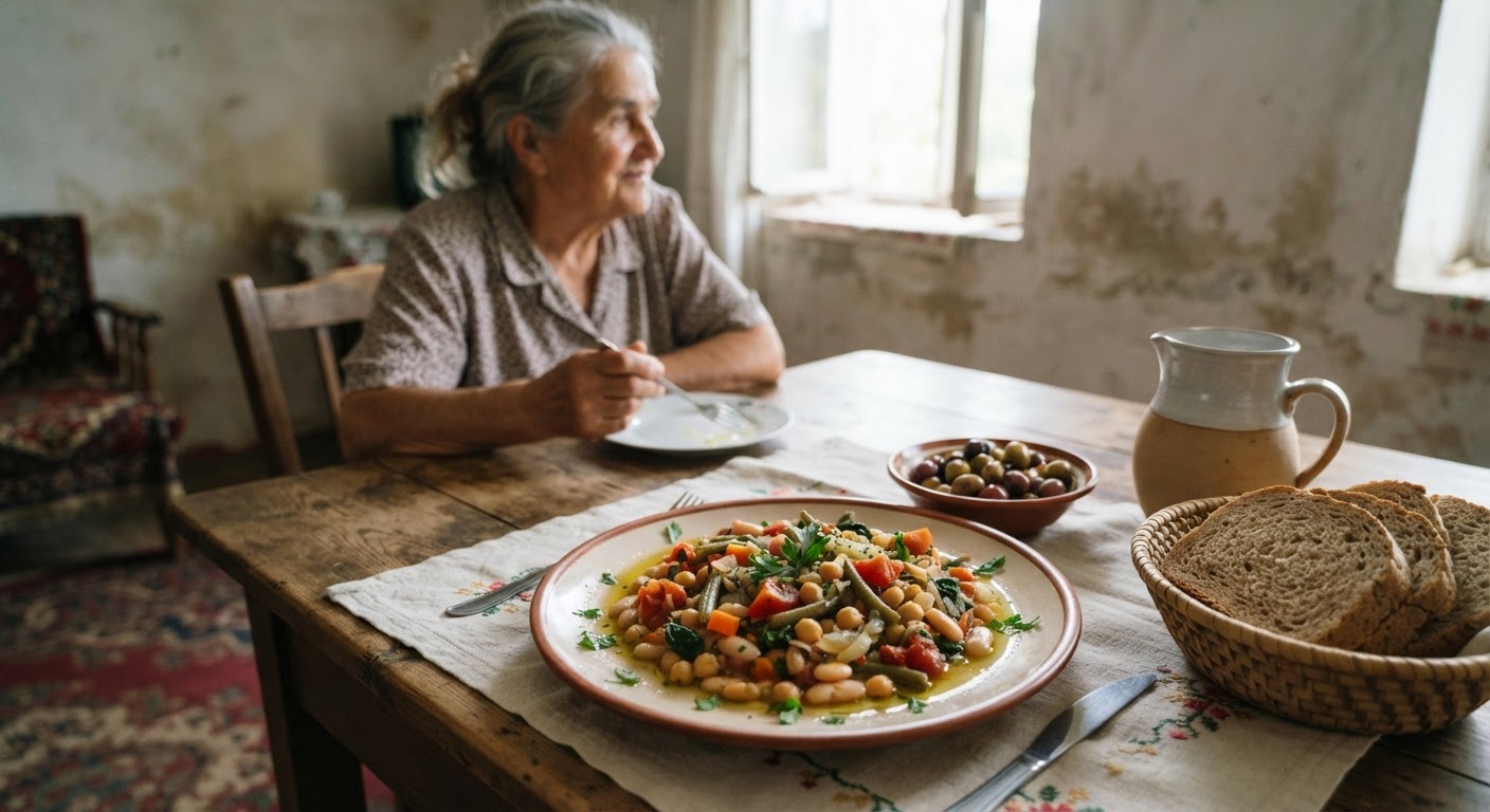 Një pjatë vegane me perime të freskëta, bishtajore dhe vaj ulliri në një tryezë tradicionale shqiptare