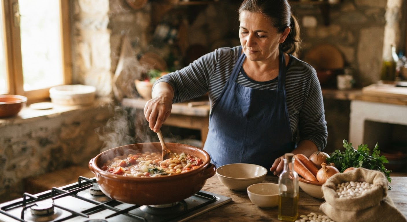 Fasulja me vaj ulliri është një pjatë tradicionale shqiptare e pasur me fibra dhe proteina bimore.