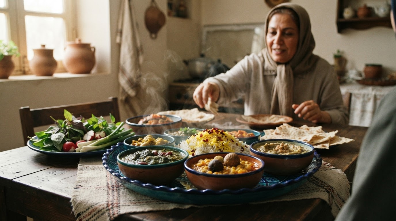 یک بشقاب رنگارنگ از غذاهای وگان ایرانی شامل سبزیهای تازه، حبوبات و برنج