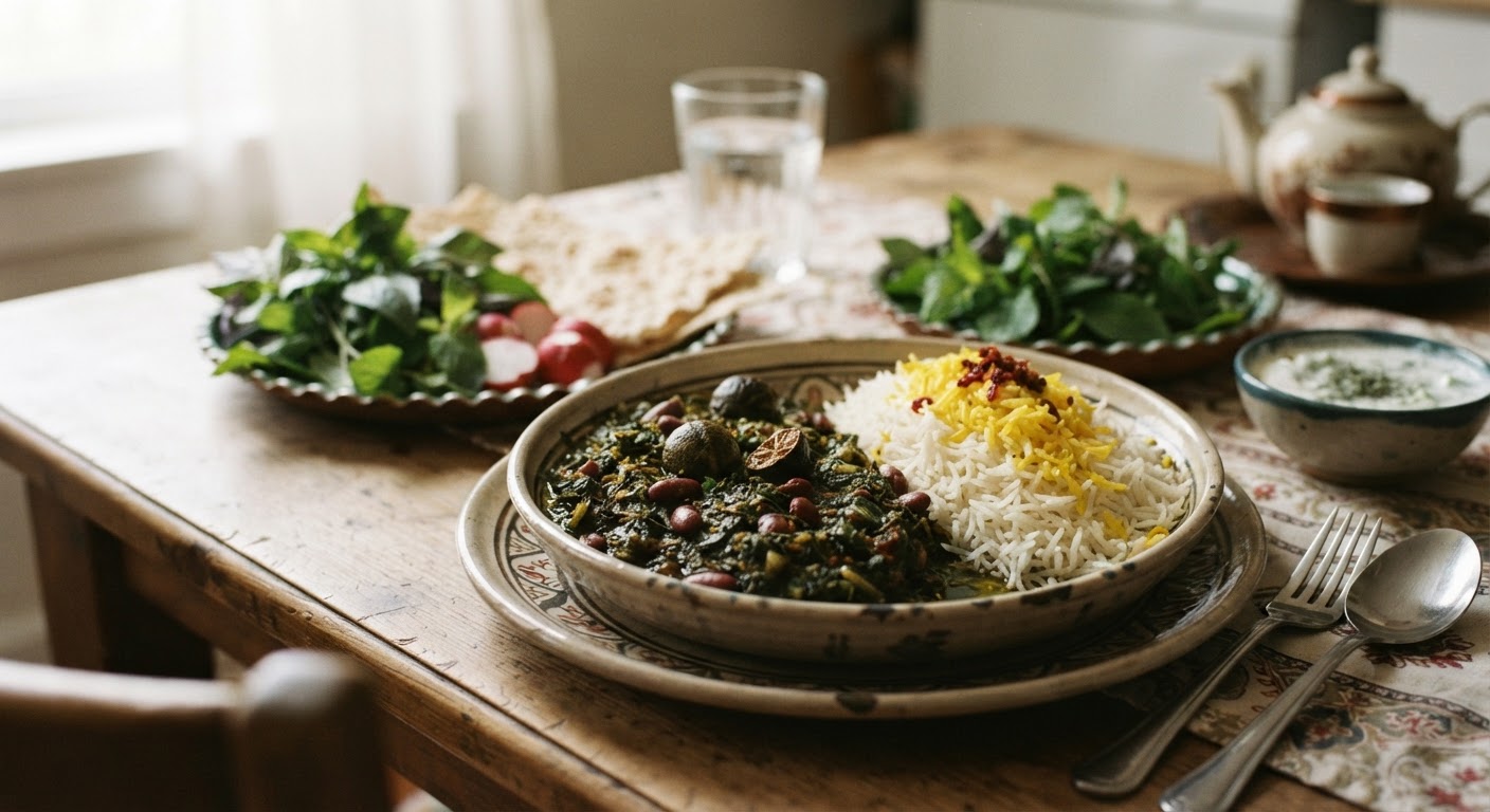 خورش سبزی وگان با برنج و سبزیهای معطر، یک غذای سنتی ایرانی که بهراحتی وگان میشود.