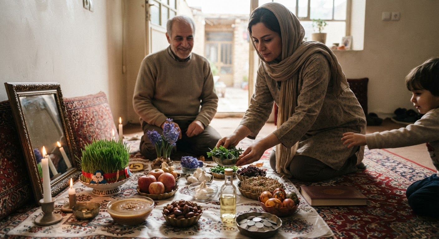 سفره هفتسین نوروز با غذاهای وگان: سبزه، سمنو، سنجد و سایر نمادهای گیاهی.