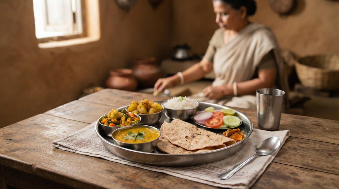 एक थाली जिसमें दाल, सब्जी, रोटी और सलाद परोसा गया है।
