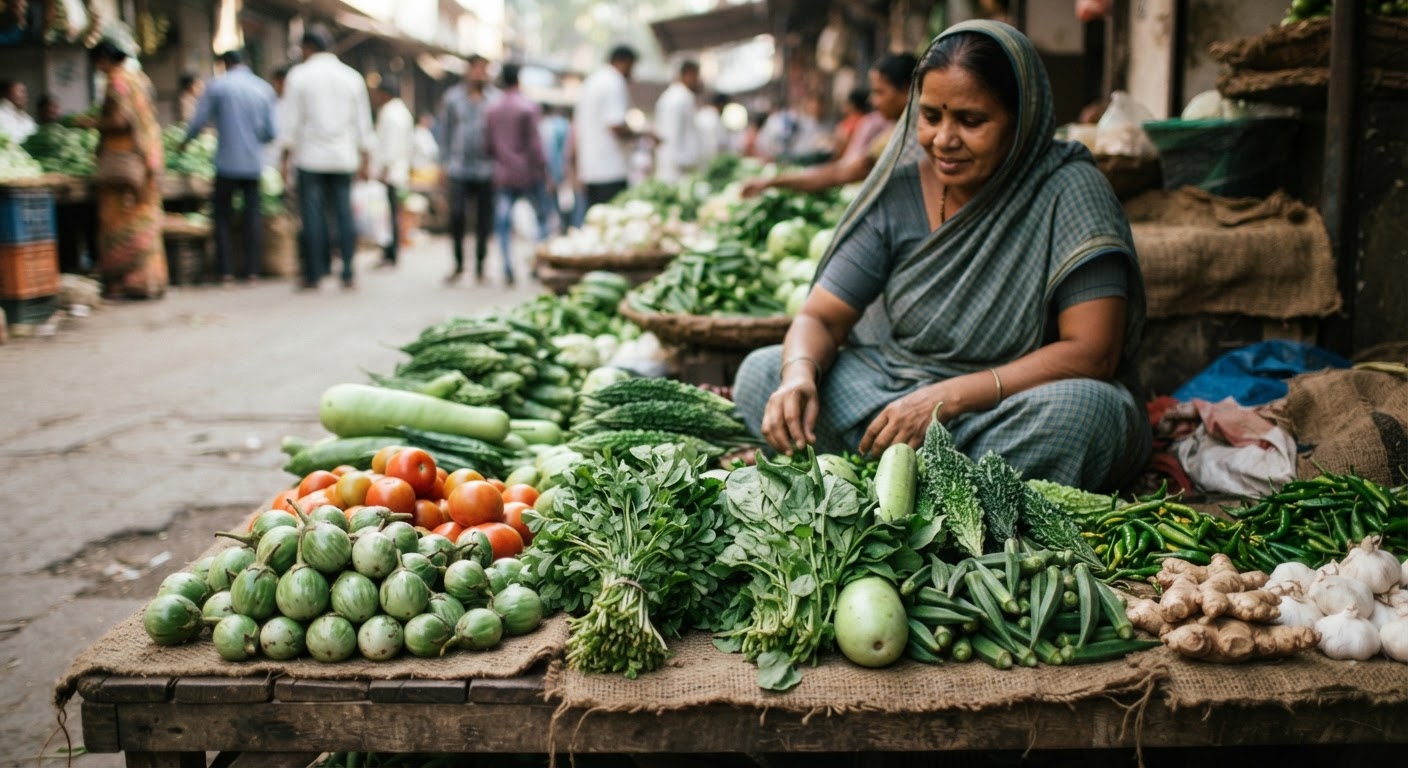 स्थानीय बाजार में उपलब्ध ताजी और मौसमी सब्जियां।